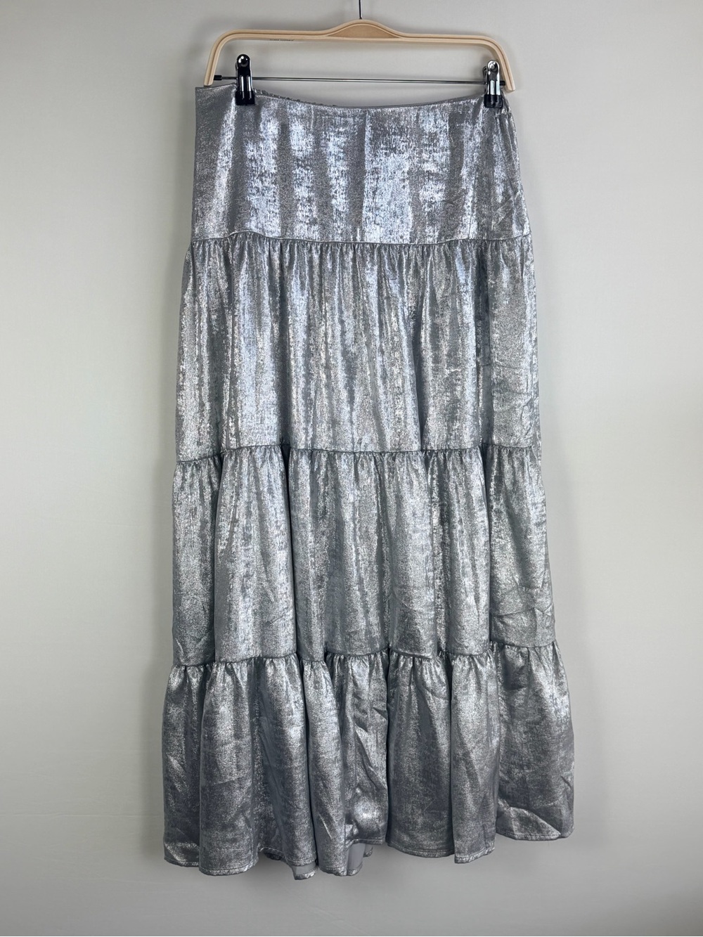 And Now This Silver Metallic Tiered Maxi Skirt Size Small